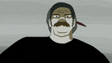 a cartoon drawing of a man with a mustache wearing a black shirt