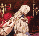 a girl with long white hair is standing in front of a clock