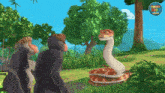 a cartoon scene with monkeys and a snake with the word jungle on the bottom