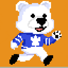 a pixel art drawing of a polar bear wearing a blue sweater with a maple leaf on it