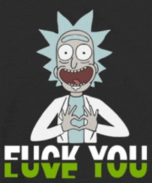 a black shirt with rick from rick and morty making a heart shape with his hands