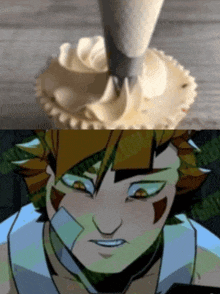 a picture of a cupcake and a picture of a cartoon character being frosted