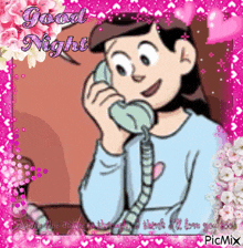 a cartoon of a girl talking on a telephone with the words good night written on the bottom