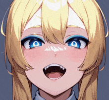 a close up of a blonde anime girl with blue eyes and fangs