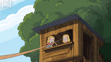 a cartoon of two girls in a tree house with the letters as visible