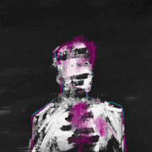 a painting of a skeleton with a purple and blue glow