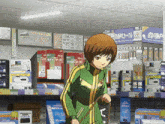 a girl in a green and yellow jacket is walking a dog in a store with a sign that says pc cable