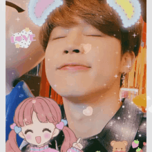 a boy with his eyes closed and a girl with pigtails and hearts on her hair
