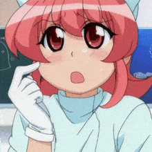 a girl with pink hair is wearing white gloves and a white hat