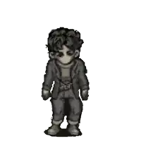 a black and white pixel art of a man holding a sword and a shovel .