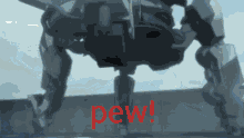 a robot with the word pew in red