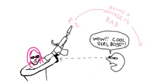 a drawing of a woman holding a gun and a speech bubble saying wow cool girl boss