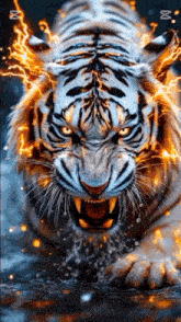 a tiger with fire coming out of its mouth is walking through the water .