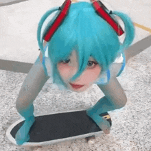 a girl in a miku costume is riding a skateboard .