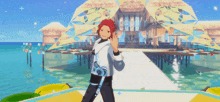 a man with red hair is standing on a stage in front of a beach