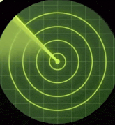 a radar screen shows a green circle with a yellow arrow pointing to it
