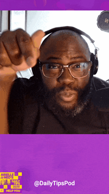 a man wearing glasses and headphones with a purple background that says dailytipspod