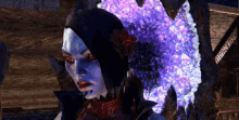 a woman with a flower in her hair is standing in front of a purple light