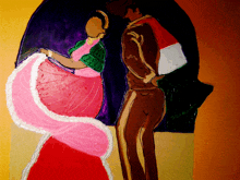 a painting of a woman in a pink dress standing next to a man in brown pants