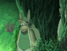 a cartoon character standing next to a tree with a green background
