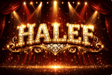 the word halee is on a stage with a red curtain