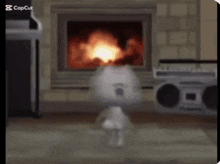 a cartoon cat is standing in front of a fireplace and a radio