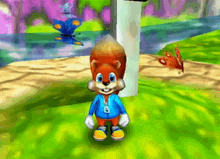 a squirrel in a blue jacket with the letter b on it