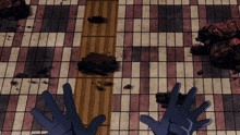 a person 's hands are reaching out towards a checkered tiled floor