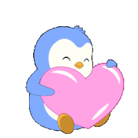 a penguin is holding a pink heart in its arms