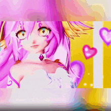 a girl with pink hair and yellow eyes is wearing a white dress and pink gloves