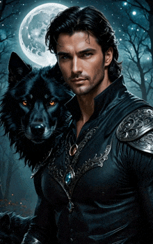 a man is holding a black wolf on his shoulder with a full moon in the background