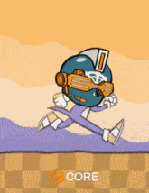 a cartoon character with a helmet and sunglasses is running with the word core in the corner
