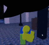 a yellow and blue roblox character is standing in a dark room with a black background