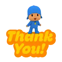 a cartoon character standing on top of a sign that says thank you