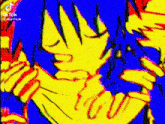 a colorful drawing of a person with a blue background