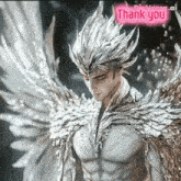 a statue of a man with wings and the words thank you on the bottom
