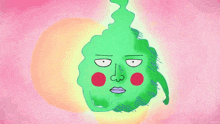 a cartoon drawing of a green monster with red cheeks