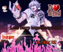 a picture of a man holding a microphone and a can of soda that says lets burp together oomf