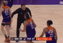 a basketball game between sea 49 and phx 67 is being played