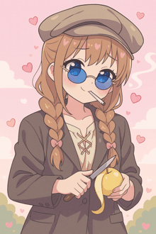 a girl with braids is peeling an apple with a knife and smoking a cigarette