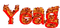 the word yeag is written in red with flames coming out of the letters