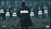 a man with a sword stands in front of a group of soldiers with xmr block written in white letters