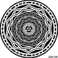 a black and white circular design with a triangle in the middle
