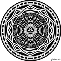 a black and white circular design with a triangle in the middle