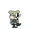 a pixel art drawing of a cartoon character with glasses and a hat .