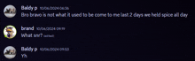 a screenshot of a conversation between baldy and brand
