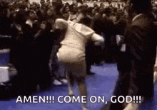 a woman is dancing in front of a crowd with the words `` amen !! come on , god !! '' .