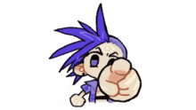 a cartoon character with purple hair is pointing his fist at the camera .