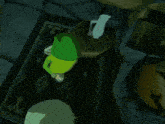 a cartoon character is standing in a dark room with a pitcher in the background