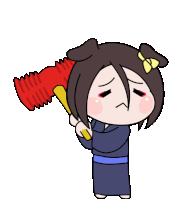 a cartoon of a girl with a bow on her head holding a red object